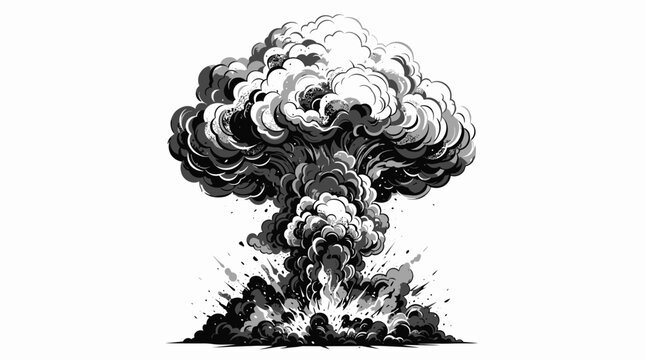 Dramatic mushroom cloud explosion billowing upwards with chaotic energy and debris scattering outwards in a powerful atmospheric event representing destruction and dramatic impact with visible