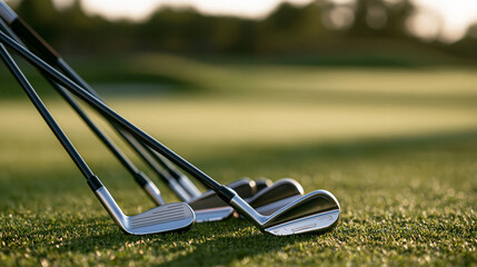 Fototapeta premium Golf clubs resting on green grass during sunset with warm golden lighting. Perfect for sports and recreation concepts.