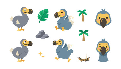 Cute Kawaii Dodo Bird Vector Character Set with Extinct Tropical Wildlife Poses, Palm Trees, Monstera Leaf, Nest, and Rocks Icons for Children Education © Rajiya