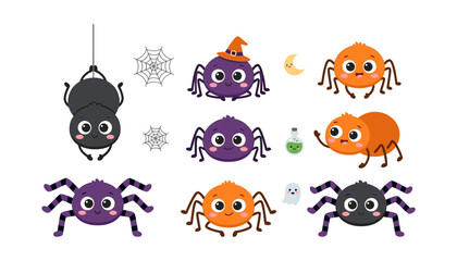 Obraz premium ute Kawaii Halloween Spider Vector Character Set with Witch Hat, Spiderwebs, Potion Bottle, and Ghost Icons for Autumn Holiday Party Decorations