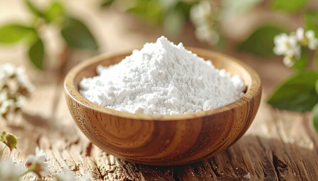 Small wooden bowl with pristine white zinc oxide powder, natural wooden surface, botanical elements, clean skincare and cosmetic formulation concept. Close-up.