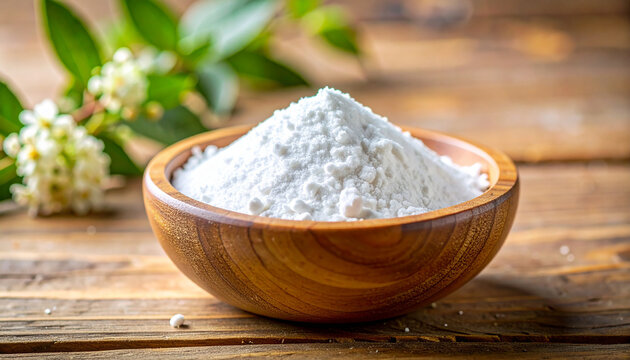 Small wooden bowl with pristine white zinc oxide powder, natural wooden surface, botanical elements, clean skincare and cosmetic formulation concept. Close-up.