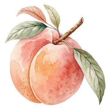 Detailed watercolor illustration of a fresh sweet whole peach on a branch with leaves isolated