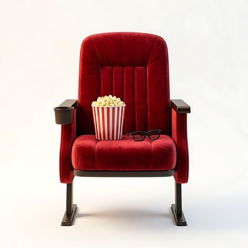 A red velvet cinema seat with a bucket of popcorn and 3d glasses isolated on white background