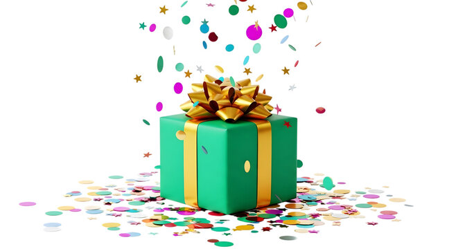 A festive green gift box with a gold ribbon surrounded by colorful falling party confetti
