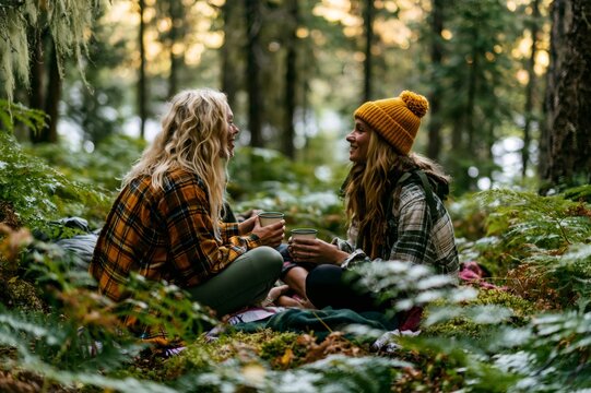 Friends enjoying warm drinks in autumn forest
