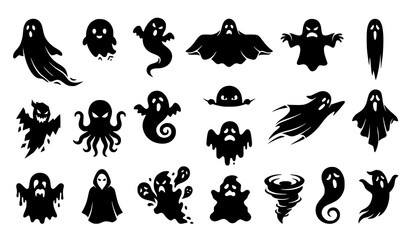 Fototapeta premium Spooky Halloween Ghost Silhouette Set with Creepy Flying Phantoms Grim Reaper Figures and Scary Poltergeist Monsters for Holiday Vector Graphic Designs