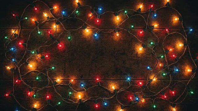 Colorful christmas fairy lights frame on rustic dark wooden background