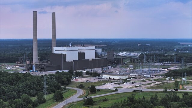 China Township, Michigan, United States - 27 July 2026: Aerial view of DTE Energy - Belle River Power Plant with its two tall smokestacks and surrounding industrial infrastructure.
