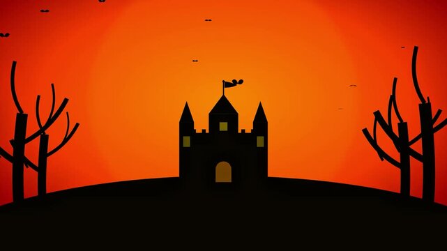 Animated Spooky Silhouette Castle with Flying Bats and Barren Trees on Orange Halloween Background