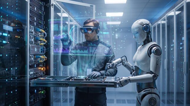 Professional engineer wearing augmented reality glasses working with humanoid robot in data center server room with holographic data, engineer