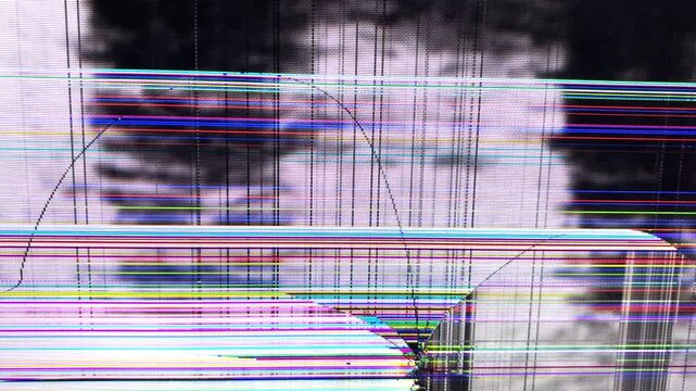 Defective Plasma Monitor Screen with Colorful Digital Signal Interference and Glitch