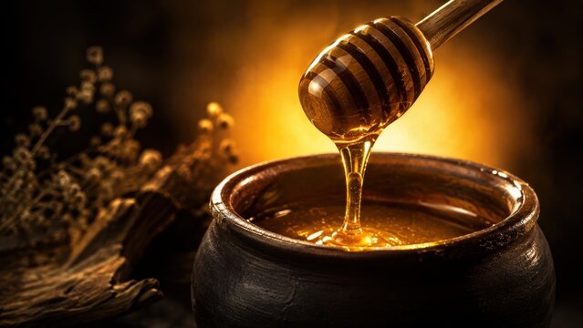 Honey Dripping From Wooden Dipper Into Clay Pot Close Up. Concept of organic honey, honey drop, golden honey. Copy space.
