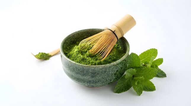Matcha green tea powder in a bowl with a whisk and fresh mint leaves