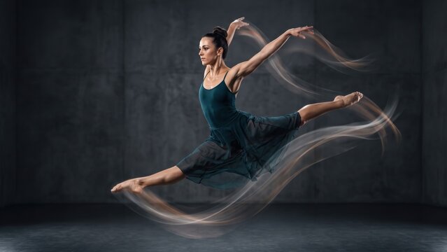 Graceful Ballerina Performing High Split Jump In Motion. Concept of ballet, dance, dancer, modern dance. Copy space.