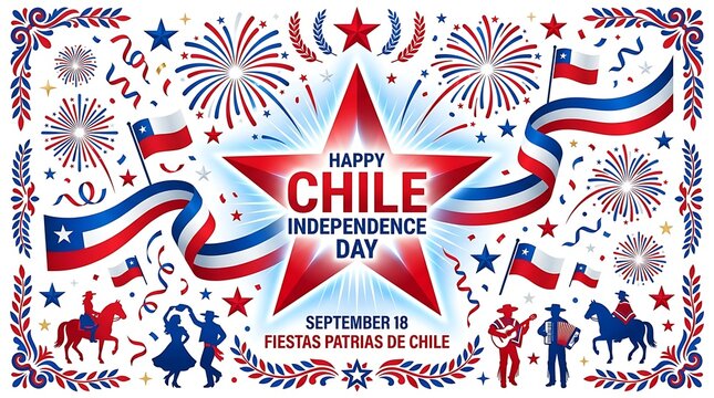 Happy chile independence day celebration background with red star, fireworks, chilean flags, and traditional dancers isolated on white background