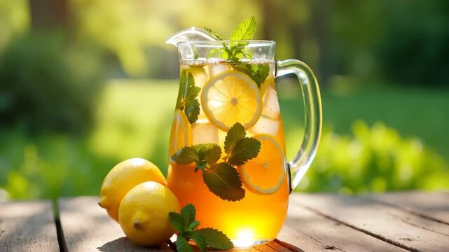 Fresh lemonade pitcher filled with ice cubes, citrus lemon slices, and green mint leaves on a wooden table outdoors for summer drink menus and beverage websites video