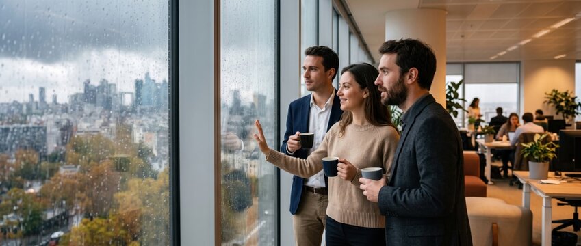 Business People Looking Out Window Drinking Coffee in Modern Office on Rainy Day. Concept of office workers, city view, coffee break, window view.