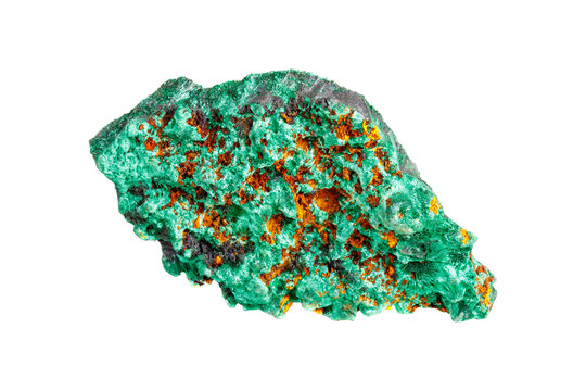 Natural malachite stone with distinctive green copper ore patterns displaying geological mineral structure and raw crystalline matrix formation on isolated backdrop