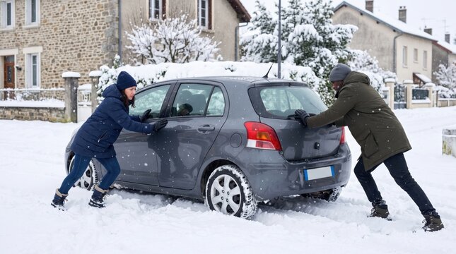 Diverse Couple Pushing Stuck Car in Snow on Winter Road. Concept of winter driving, snow storm, car trouble.