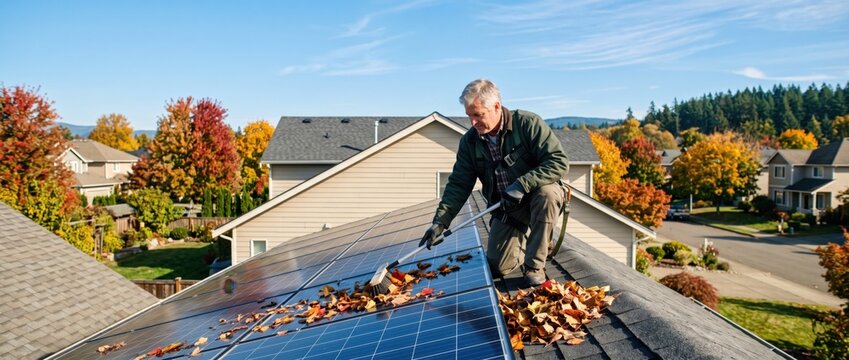 Man Cleaning Solar Panels on Residential Roof in Autumn. Concept of solar panel, solar maintenance, home maintenance, roof repair. Copy space.
