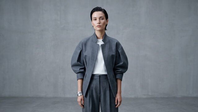 Stylish Modern Asian Woman in Grey Suit Posing Against Concrete Background. Concept of fashion model, fashion portrait, stylish look. Copy space.