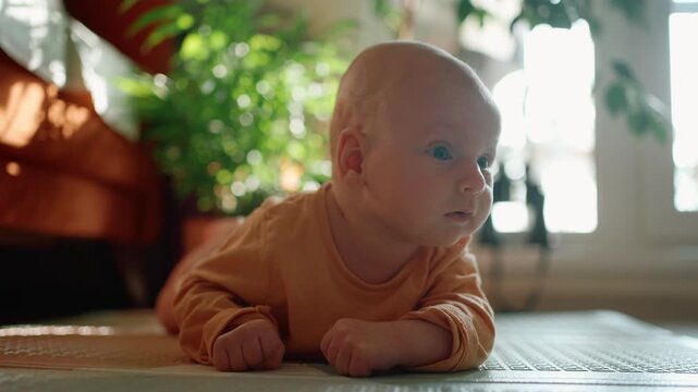 Cute newborn boy training to hold his head while lying on his stomach on a mat. Adorable infant strengthening neck muscles during tummy time, finally resting with a mother's caring hand
