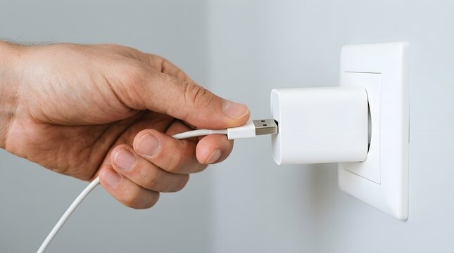 Hand inserting a white USB charging cable connector into a power adapter plugged into a wall outlet.