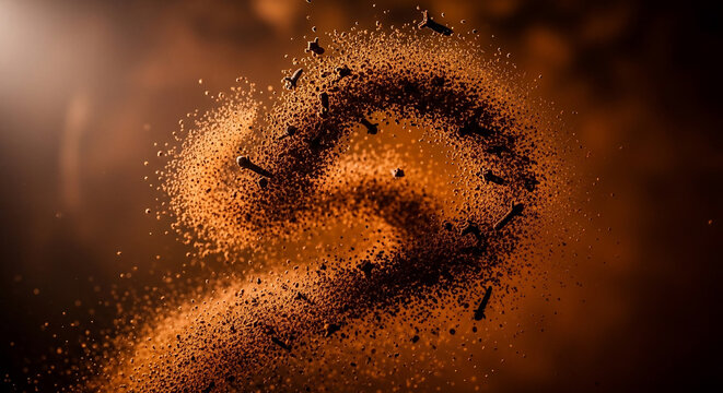 Dynamic swirl of dark chocolate powder and whole cloves exploding in mid-air, cinematic lighting, perfect for food advertising, culinary blogs and gourmet recipes