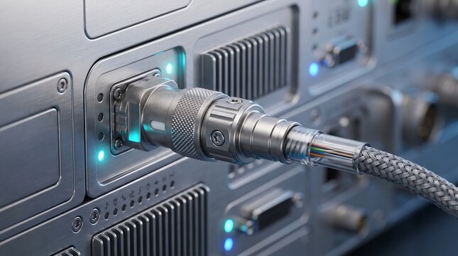Industrial high speed data cable connector plugged into electronic hardware interface with connector industrial electronic hardware interface