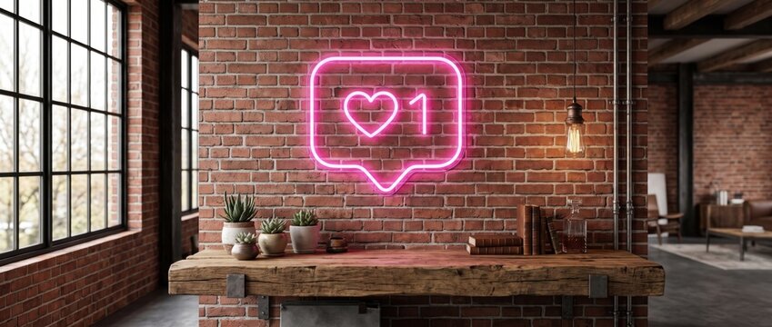 Pink Neon Heart Like Icon Glowing on Brick Wall in Loft Interior. Concept of neon sign, social media.