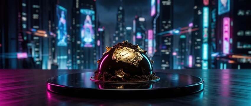 Futuristic Cyberpunk Luxury Dessert with Gold Leaf on Cityscape Background. Concept of luxury cake, futuristic food, cyberpunk city.