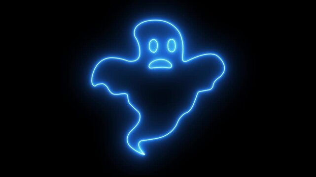 Glowing neon ghost animation, blue halloween spirit sign on black background .Ghost Slide In Saccadic Eye Tracking Animation On Black Background