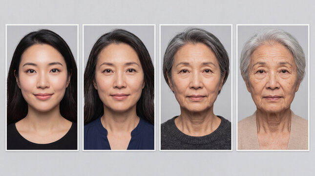 Aging timeline portraits of asian woman showing skin transformation from youth to old age