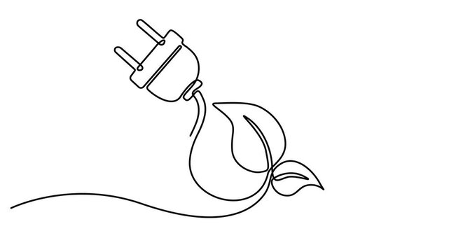 Animated self drawing of Continuous one line drawing of Eco friendly power plug, green energy symbol, sustainable electricity, renewable power icon, Full length one line animation. 4K video