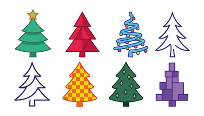 Obraz premium Creative Christmas Tree Vector Icon Set with Abstract Spiral Pines, Minimalist Line Art Firs, Checkered Patterns, and Geometric Holiday Graphic Design
