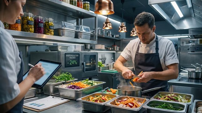 Professional chefs using digital tablets to monitor food waste reduction in modern restaurant kitchen.