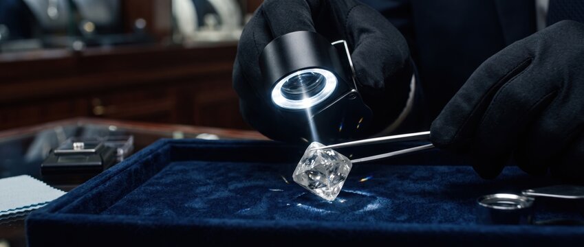 Jeweler Examining Large Uncut Diamond with Loupe and Light. Concept of gemology, jeweller loupe, diamond evaluation.