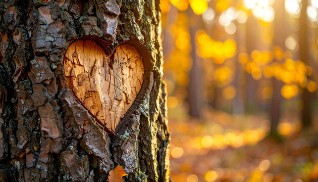 Beautiful heart-shaped carving on rugged tree trunk in peaceful autumn woodland, intricate bark texture, scattered golden leaves and softly blurred trees behind, warm afternoon sunlight.