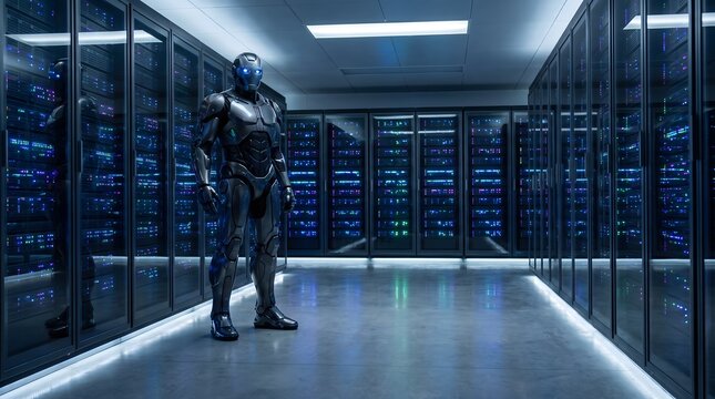 Cyborg robot standing in a modern server room data center