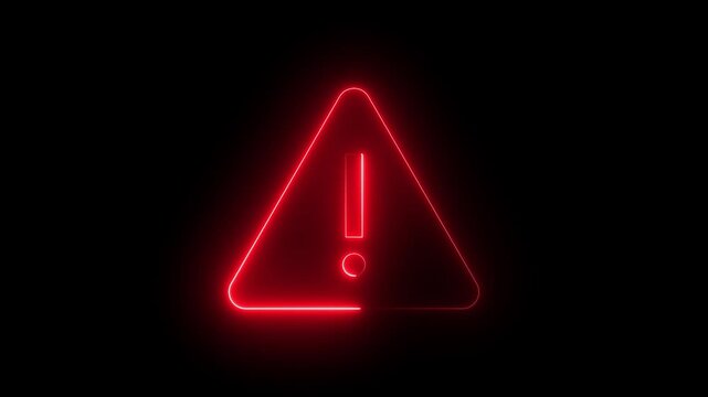 Glowing red neon warning triangle sign with exclamation mark animation on black background