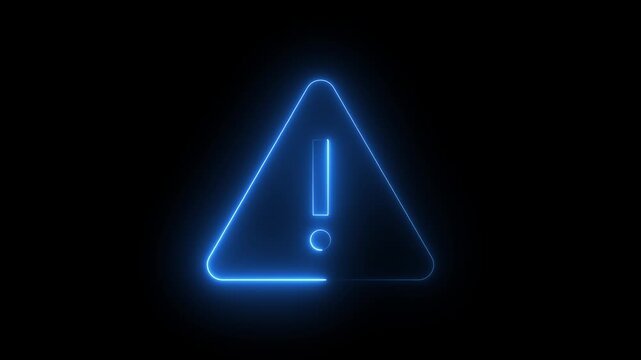 Glowing neon blue warning triangle sign with pulsing exclamation mark animation on black background caution