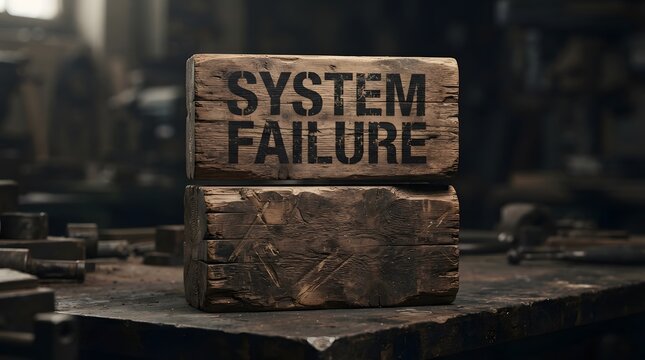 System Failure text printed on stacked weathered wooden blocks in a dark industrial workshop.