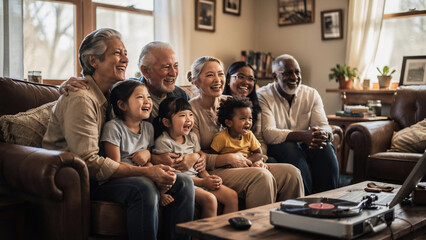 Fototapeta premium Multi-generational family laughing and enjoying time together in a cozy living room, perfect for lifestyle, family events and home entertainment advertising