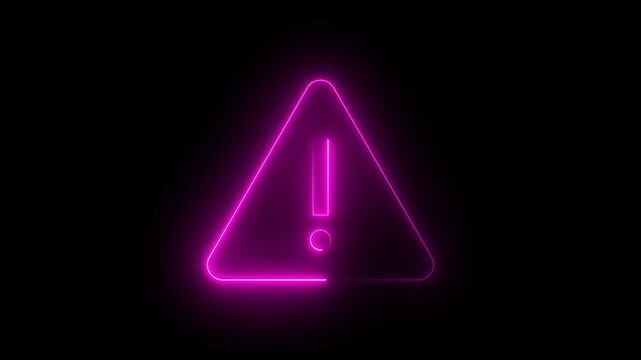 Neon pink warning sign glowing exclamation mark in triangle symbol animation alert