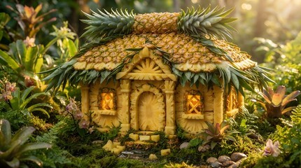 Fototapeta premium Miniature tropical cottage house made of pineapple fruit in a lush exotic garden setting.