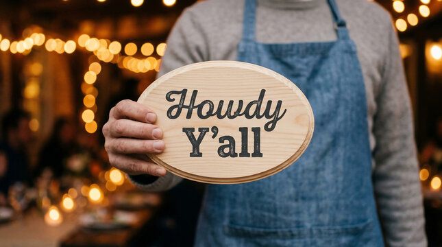 Person in denim apron holding a rustic wooden oval 'Howdy Y'all' sign, with warm bokeh lights, suitable for hospitality, friendly greetings and southern-themed events.