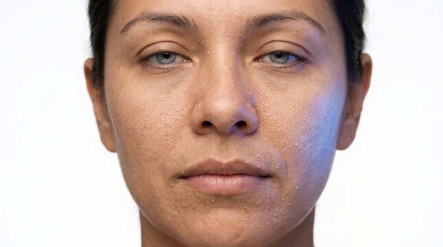 Close up portrait of woman face with multiple milia whiteheads fungal acne and clogged pores on skin