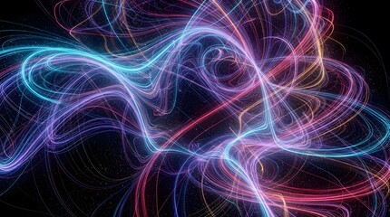 Fototapeta premium Abstract swirling neon light trails on black background vibrant digital illustration