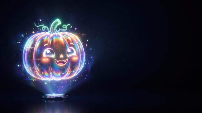 Enchanting luminous pumpkin figure surrounded by vibrant sparks and mystical features set against a shadowy backdrop